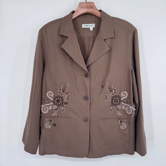 Coldwater Creek Embroidered Beaded Floral linen Jacket Size Large brown pockets - Picture 4 of 11